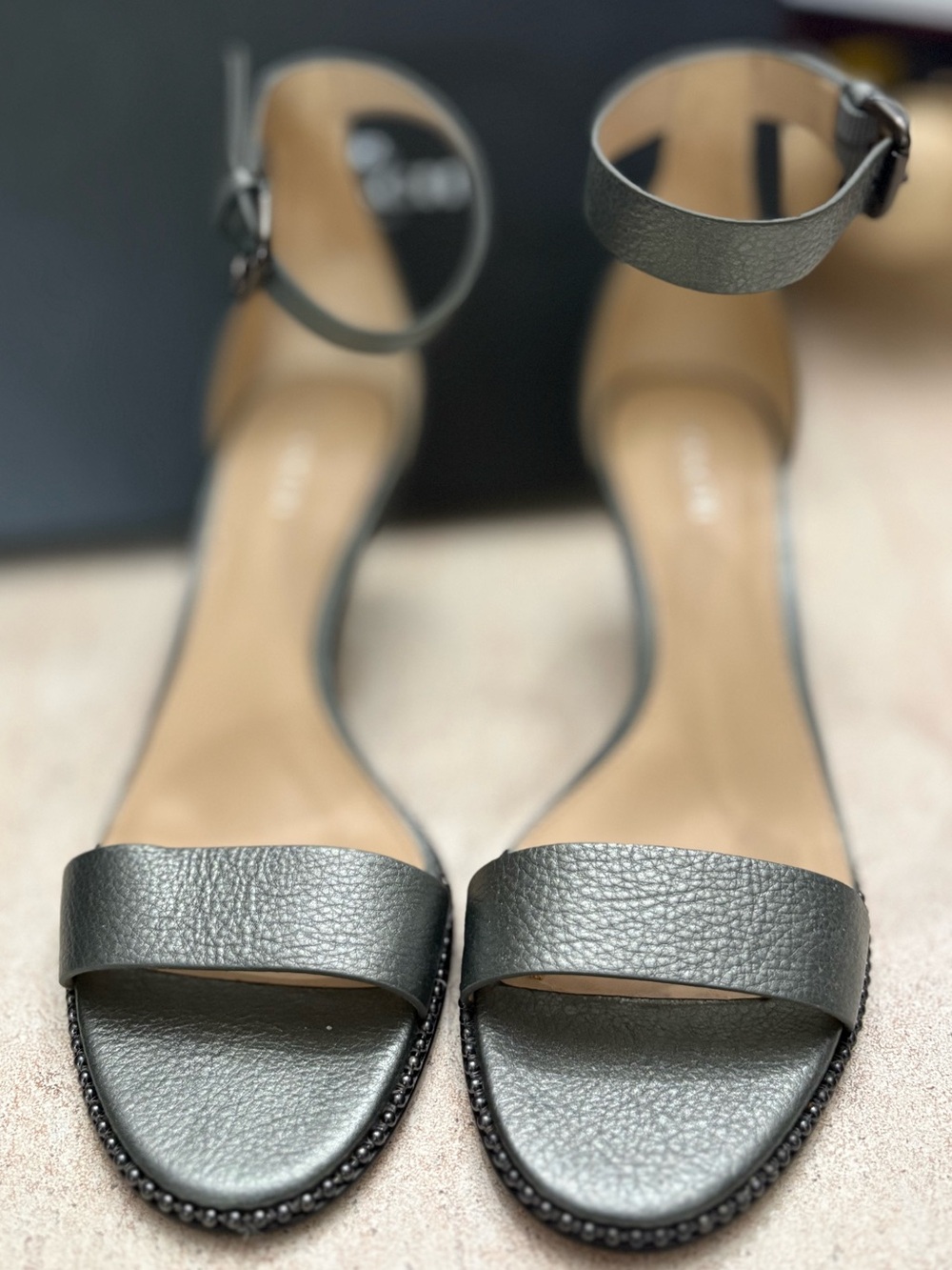 Coach Metallic Gray Ankle Strap Heels